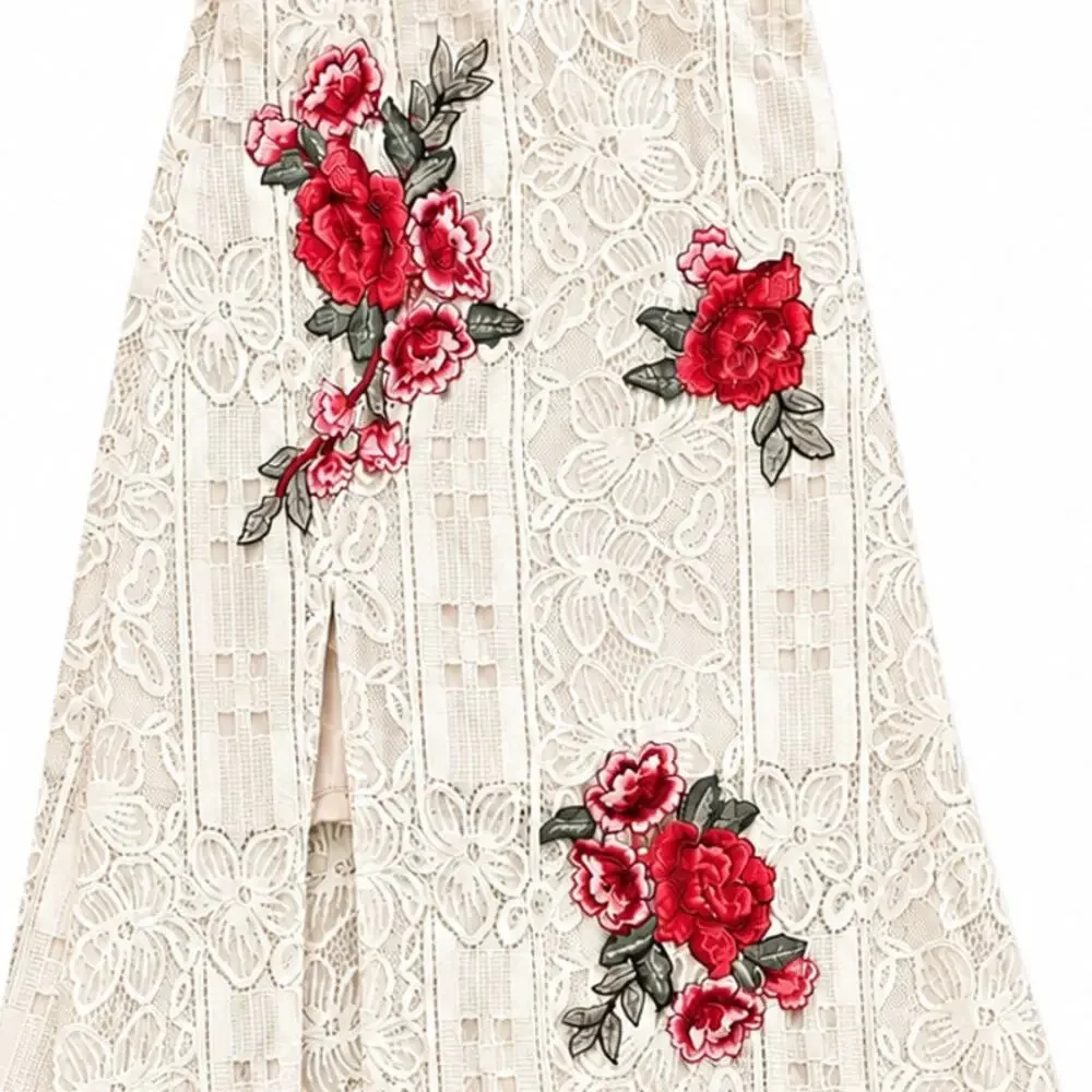 Lulu’s Ivory Lace Rose Embroidered Festival Maxi Skirt Boho Small